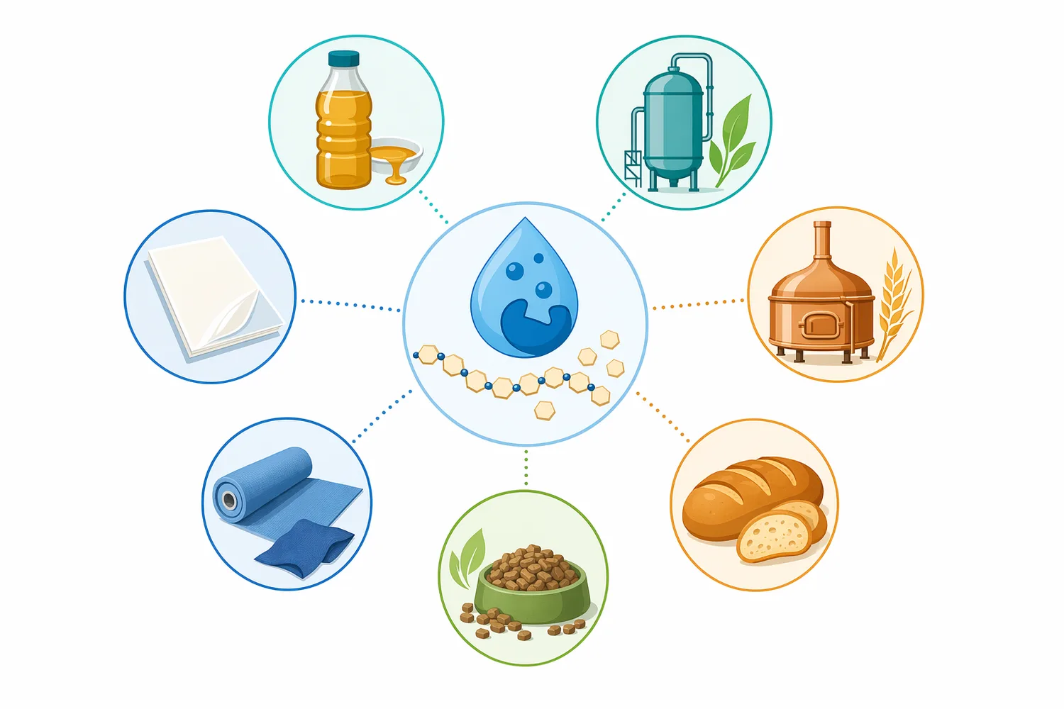 Thermostable alpha amylase is applied across starch liquefaction, dextrin streams, cassava and cereal processing, porous starch production, textile desizing, and starch-rich waste treatment.