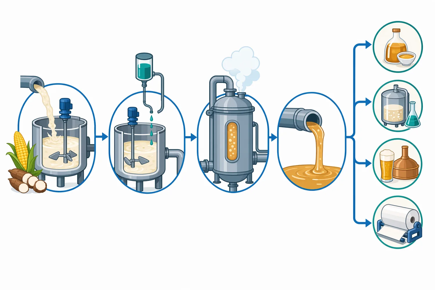 A typical starch-conversion sequence uses cooking or gelatinization, thermostable alpha-amylase liquefaction, and optional downstream saccharification, fermentation, ingredient use, or starch modification.