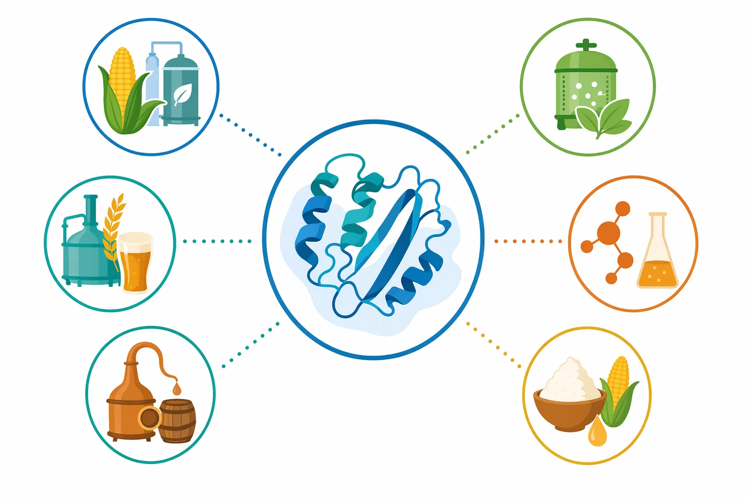Thermostable alpha amylase is relevant to starch-rich feedstocks such as corn, wheat, cassava, rice, barley, potato, sweet potato, and starchy residues.