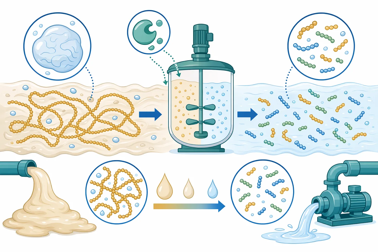 Cutting long gelatinized starch chains into shorter fragments reduces the entangled polymer network that causes high mash viscosity.