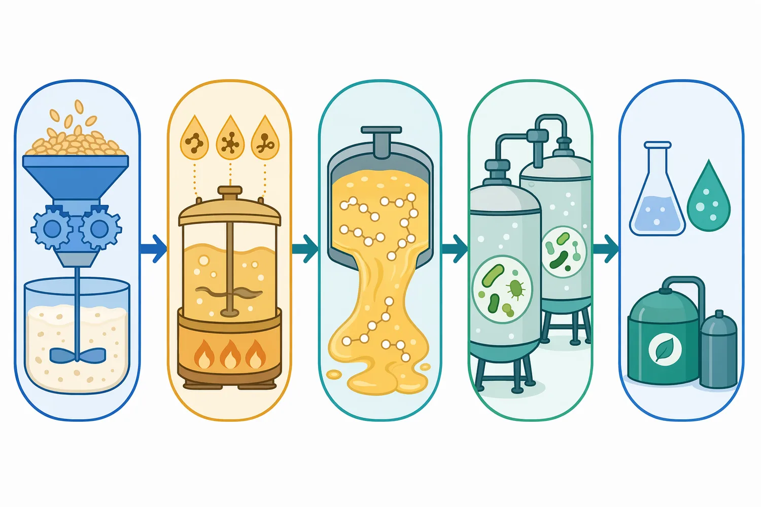 Starch-based fermentation typically separates liquefaction by alpha amylase from saccharification by complementary enzymes and microbial fermentation.