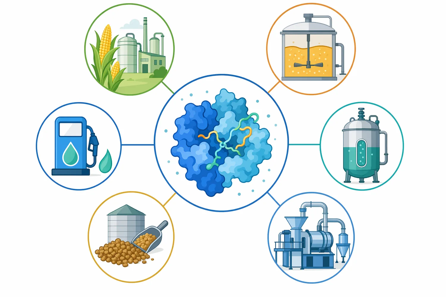 Thermostable alpha-amylase is relevant across starch feedstocks and related uses including ethanol liquefaction, starch syrup, brewing adjuncts, and textile desizing.