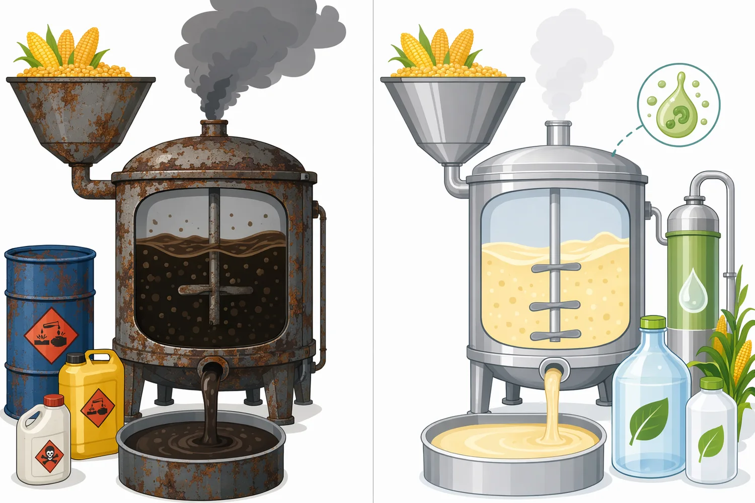 Alpha-amylase, glucoamylase, and yeast perform different jobs: liquefaction, glucose release, and ethanol fermentation respectively.