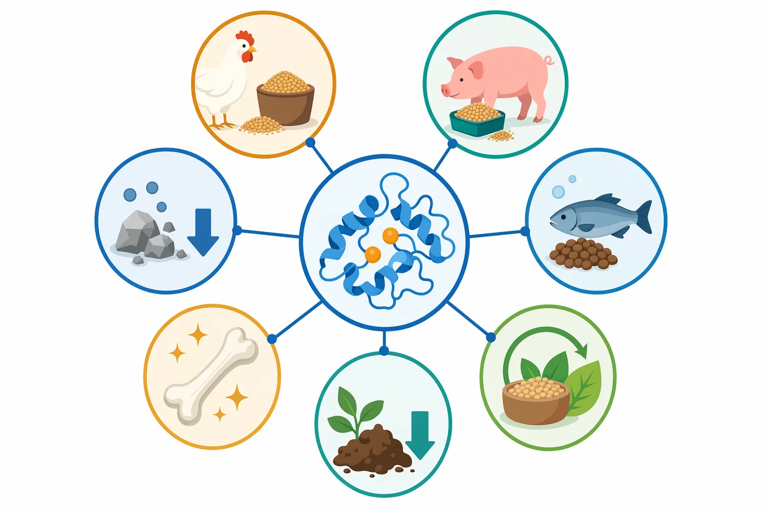 Phytase is used across poultry, swine, and aquaculture feeds to improve access to plant-bound phosphorus and related mineral nutrition endpoints.