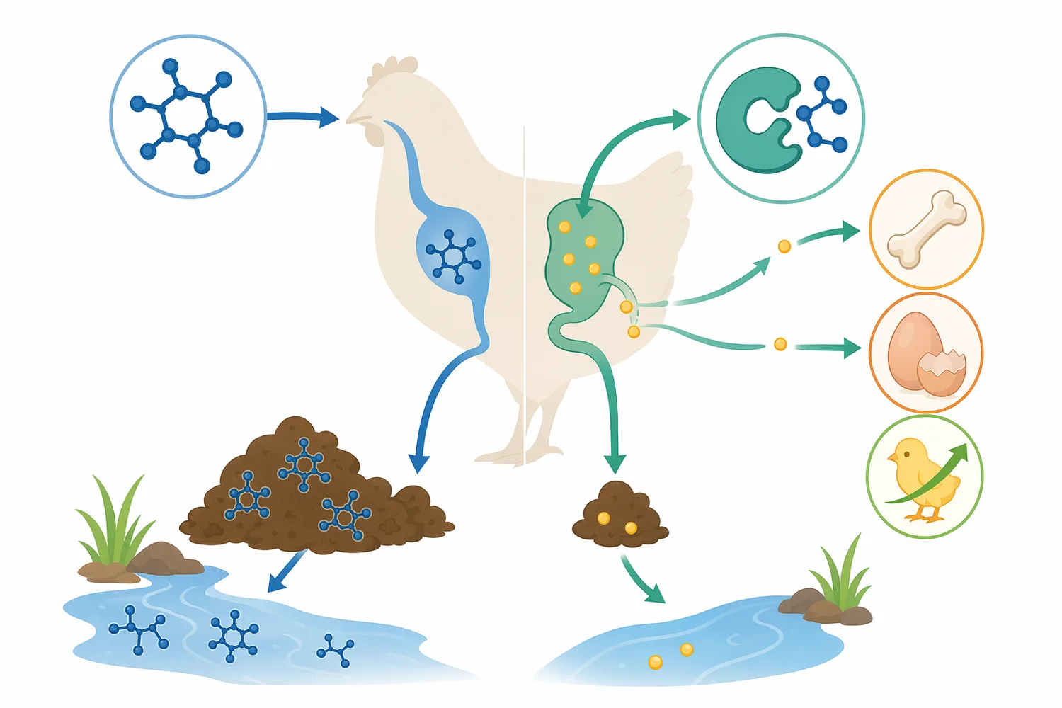 By releasing plant-bound phosphorus before excretion, phytase can shift more phosphorus into the absorbed nutrient pool when diets are formulated accordingly.