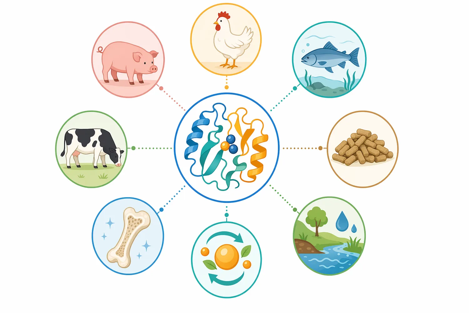 Phytase is relevant to poultry, swine, and aquaculture diets that contain phytate-rich plant ingredients and limited endogenous phytate degradation.