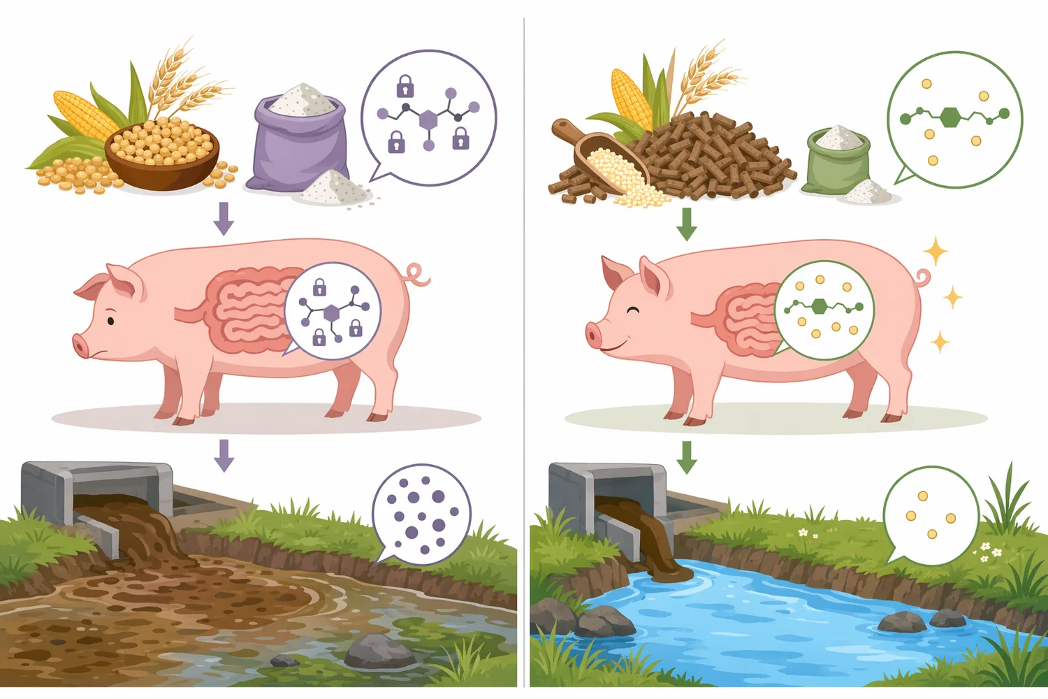 Intact phytate locks phosphorus and chelates minerals, while phytase-treated feed contains more absorbable phosphate and lower-charge inositol phosphates.