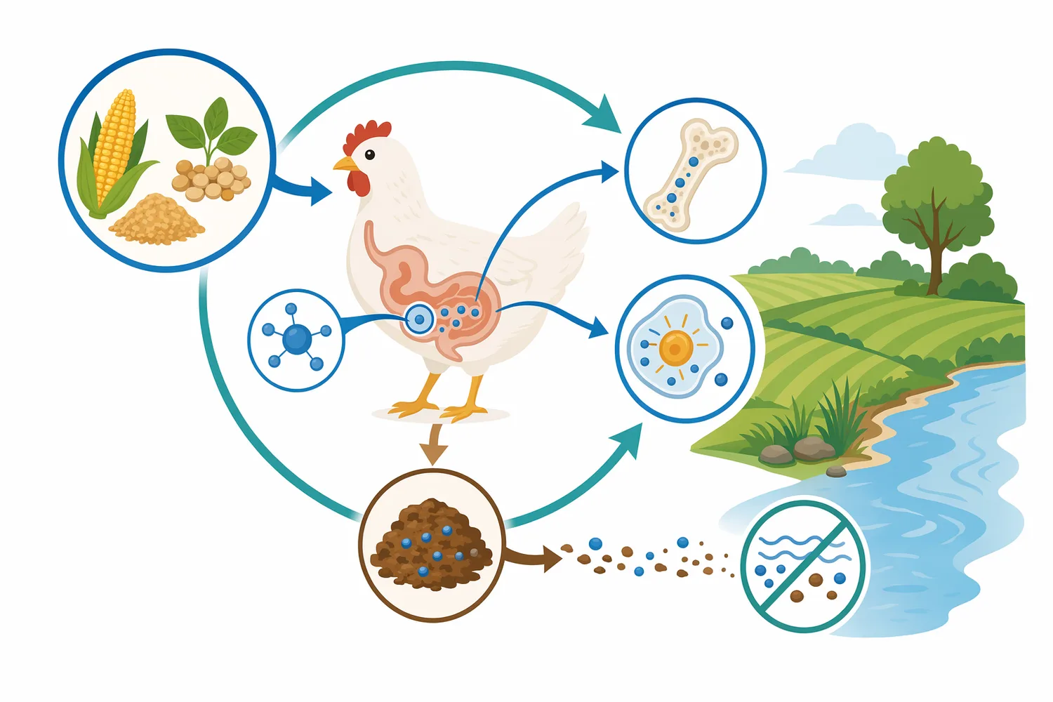Improved phytate phosphorus digestion can reduce the fraction of dietary phosphorus excreted unused in manure.
