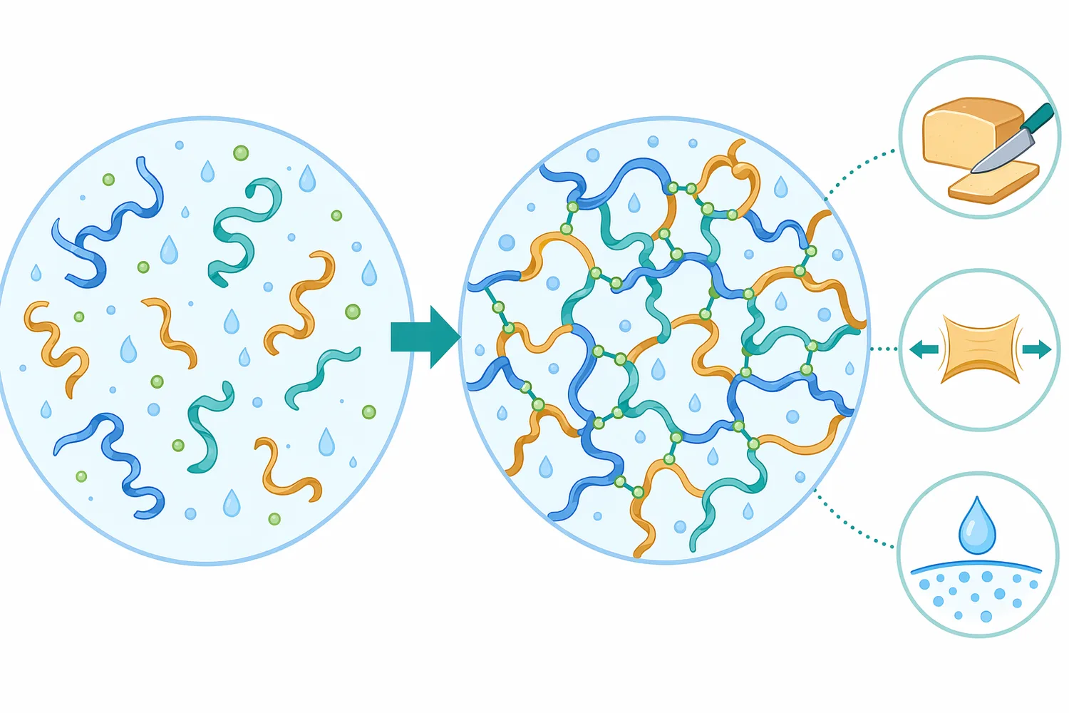 Protein cross-linking converts loose protein assemblies into more cohesive food matrices with different physical behavior.