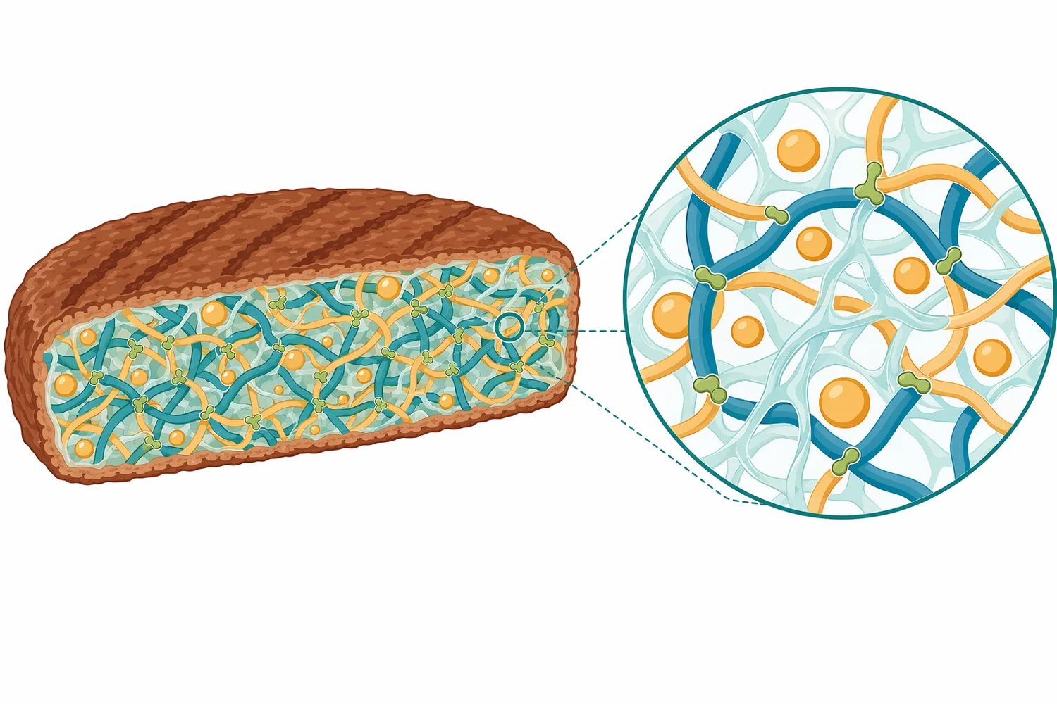 Plant-based meat analogues can combine enzymatic protein cross-linking with other structuring systems to build bite and shape retention.