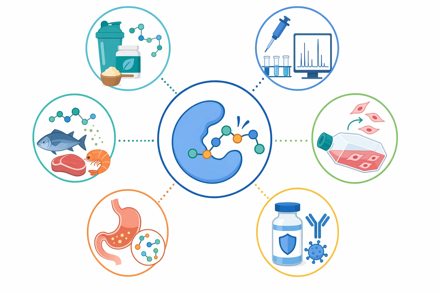 Trypsin is used across protein-hydrolysate, ingredient, analytical, biotechnology, and cell-culture workflows because the same cleavage chemistry creates useful peptide or detachment outcomes.