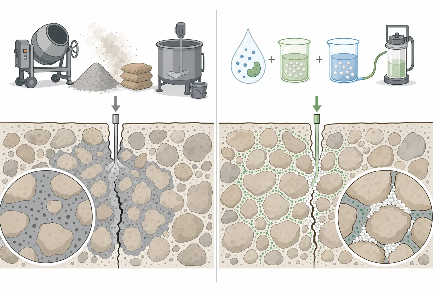 For carbonate grouting, urease-based mineralization can form calcite in place under mild conditions instead of relying on conventional cementitious treatments.