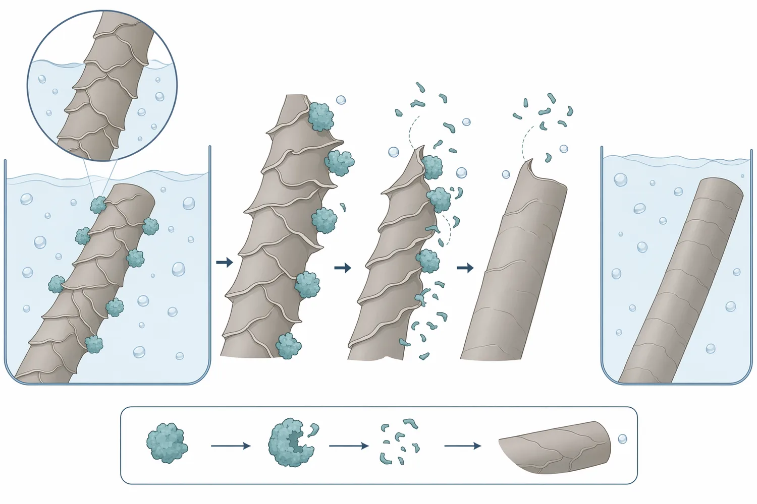 Wool protease targets accessible keratin-rich cuticle material on the outer wool fiber surface to reduce scale roughness without intentionally digesting the fiber bulk.
