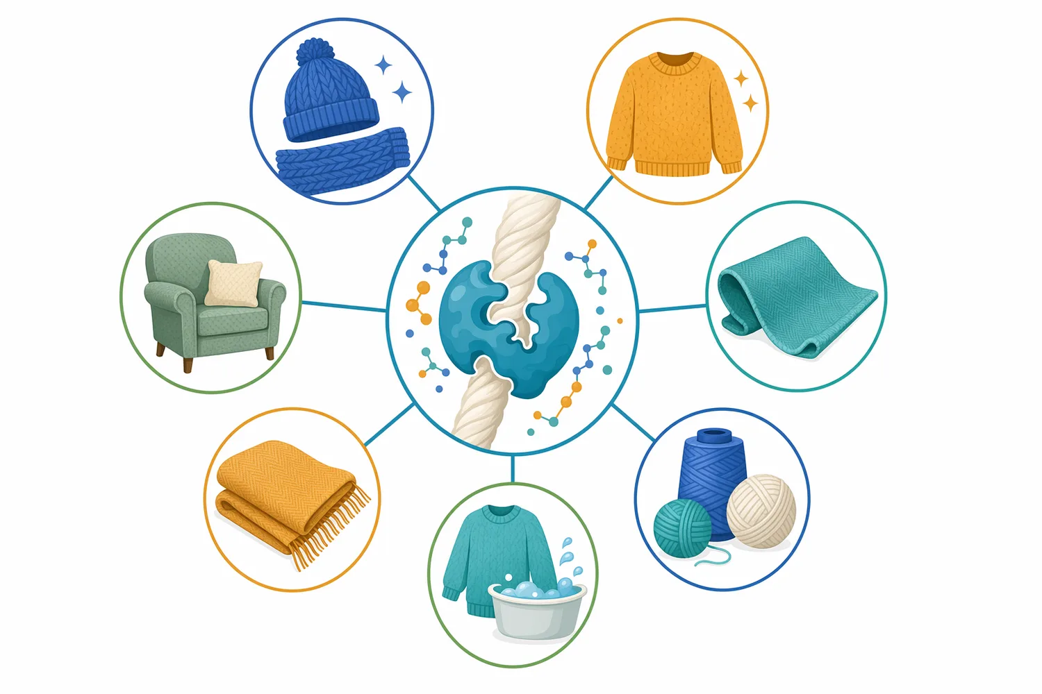 Controlled wool protease finishing is used to address felting shrinkage, pilling and fuzzing, harsh handle, wetting barriers, and dyeing uniformity.