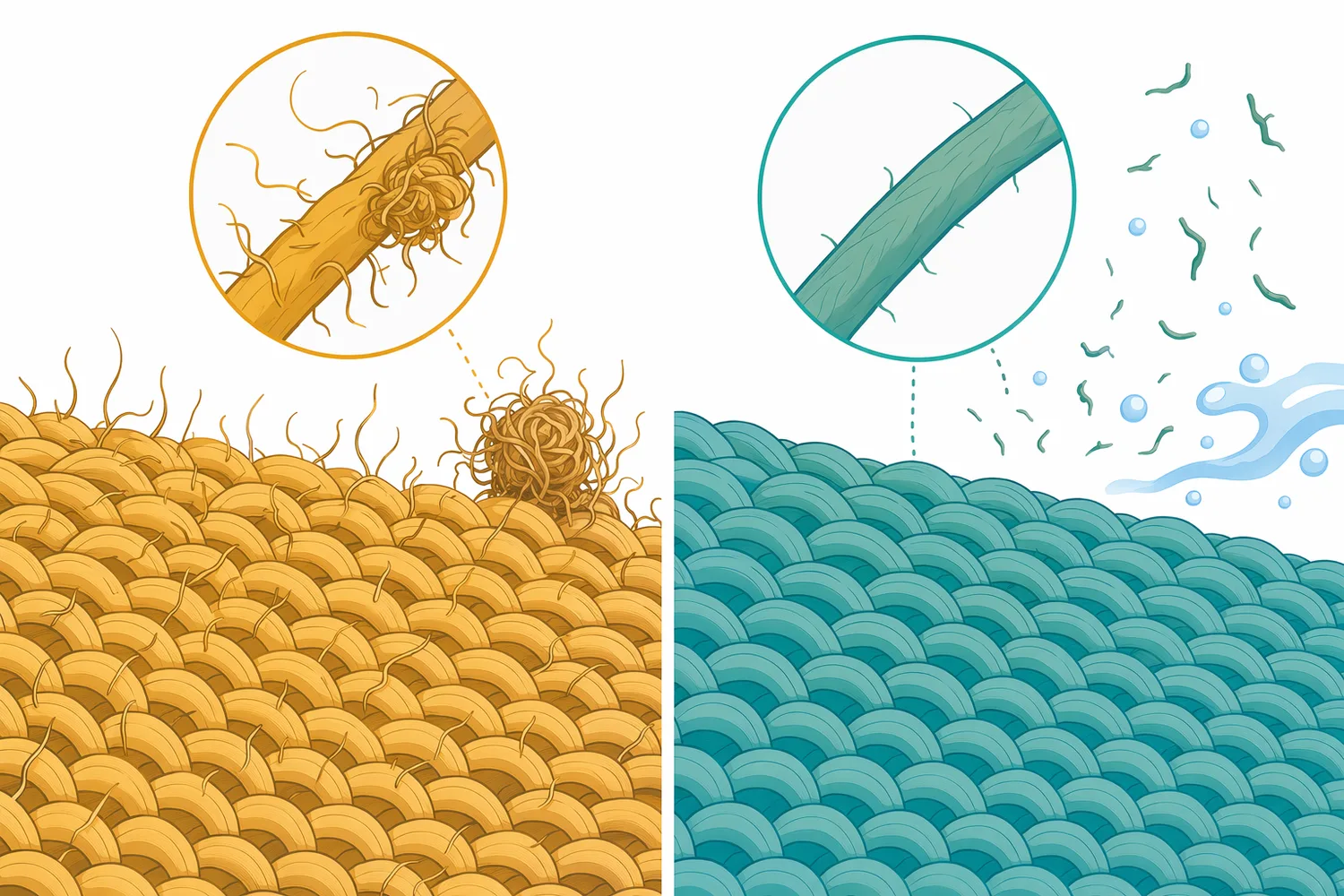 Anti-pilling protease treatment can weaken exposed surface fibrils and reduce scale-related catching that helps pills persist.