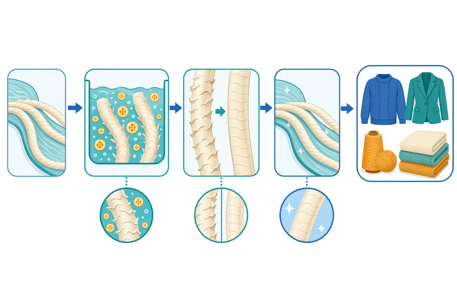 Combined wool finishing sequences commonly use a mild surface-opening step before protease treatment so the enzyme reaches scale structures more effectively.