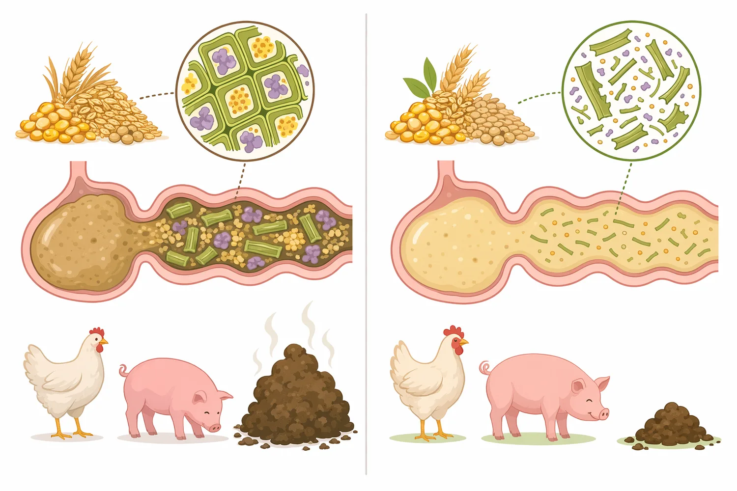 Different feed enzymes act on different substrates, with xylanase specifically targeting xylan-rich hemicellulose rather than phytate, protein, cellulose, or β-glucans.