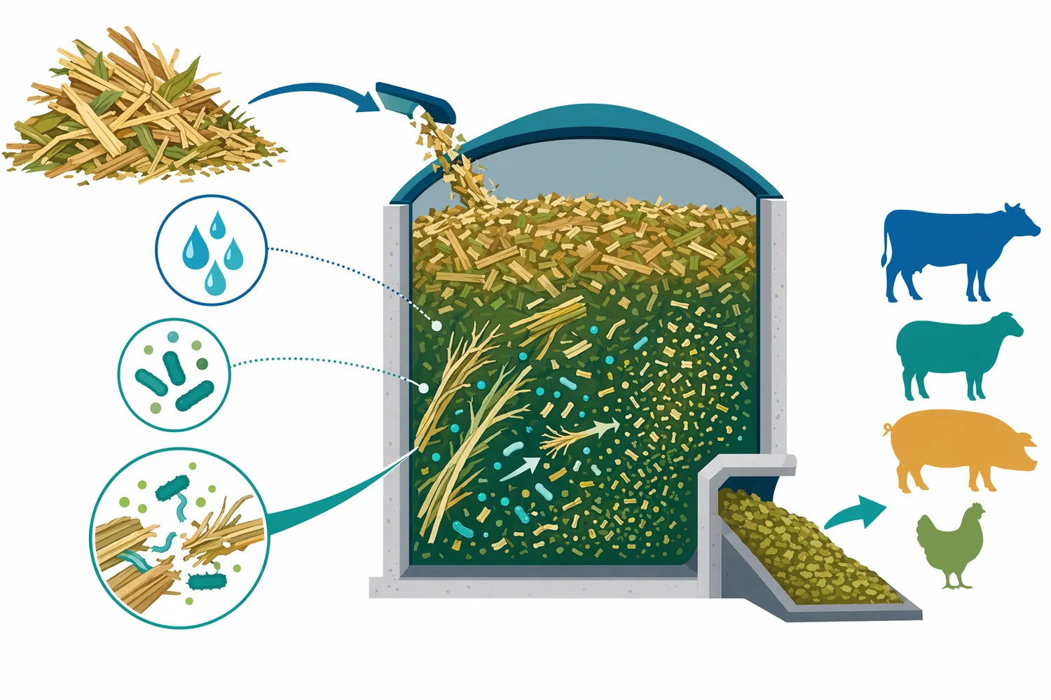 In silage and fermented biomass, xylanase can modify hemicellulose before the feed reaches the animal.