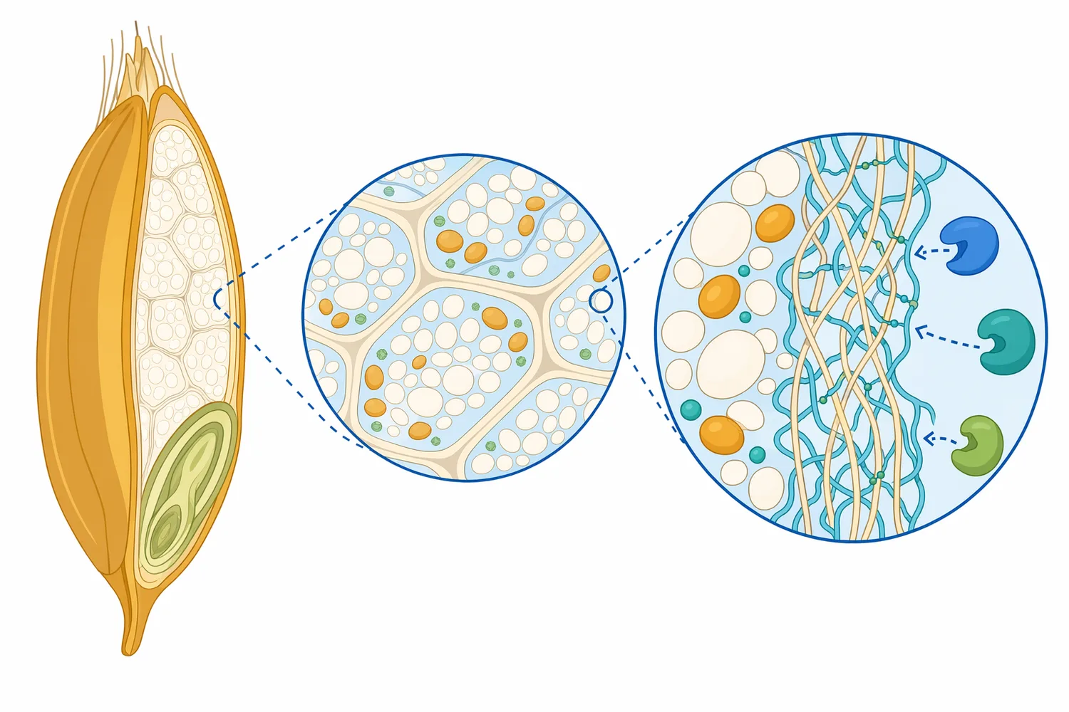 Xylanase acts on xylan and arabinoxylan in cereal cell walls rather than directly converting starch into fermentable sugar.