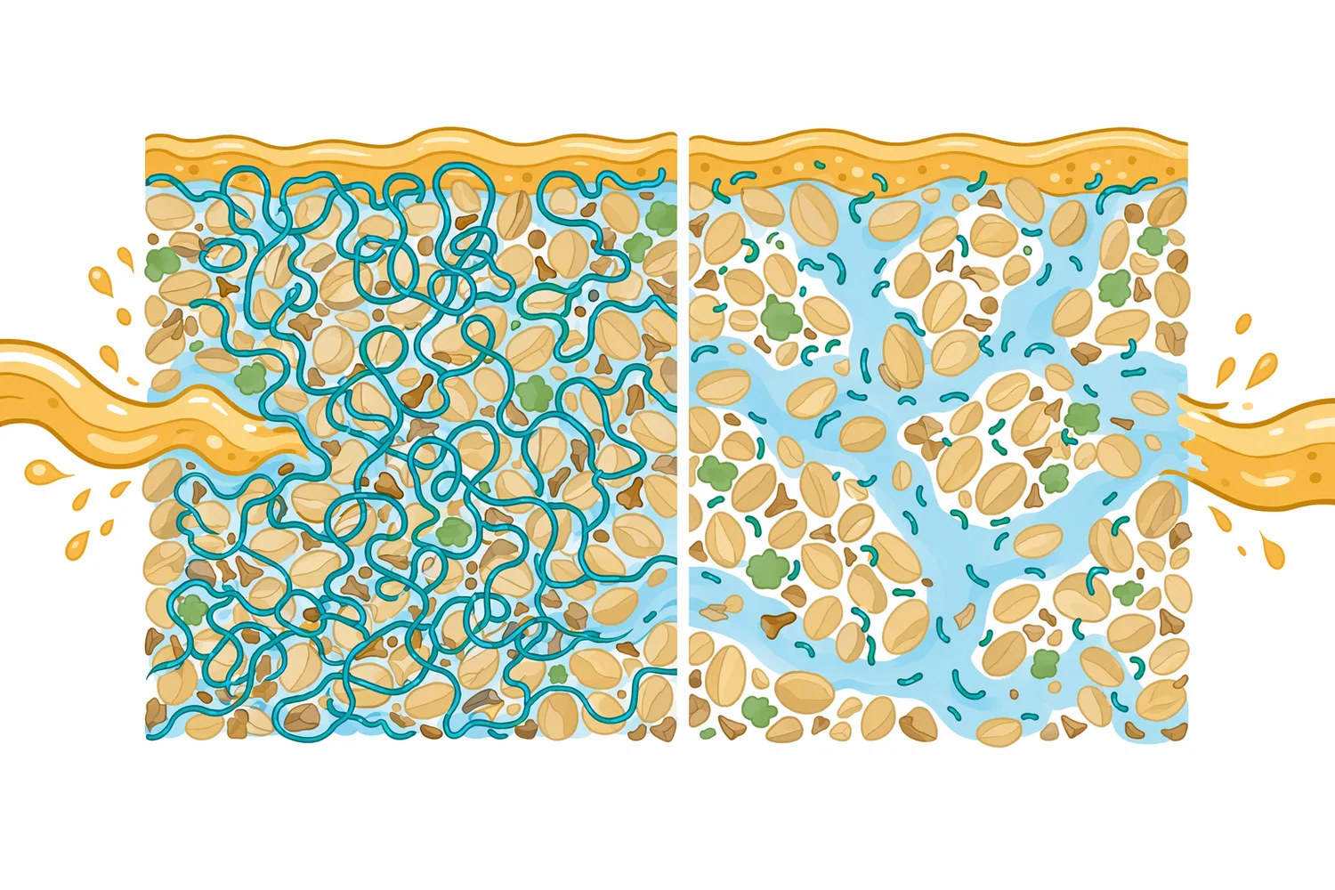 Shortening arabinoxylan chains can lower polymer-driven viscosity and improve liquid movement through mash solids.