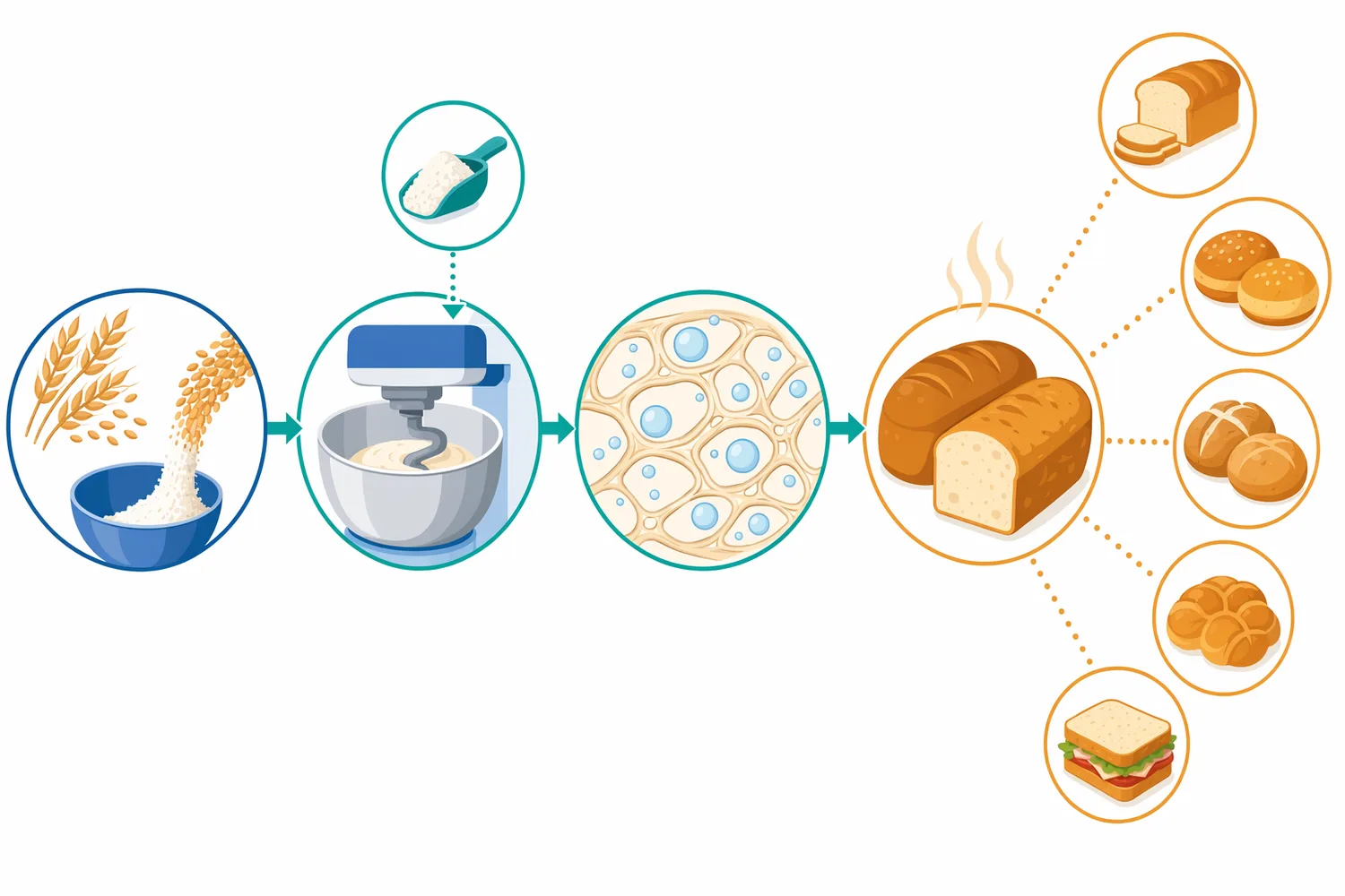 Xylanase acts mainly after flour hydration during mixing and proofing, before baking heat sets the crumb and progressively inactivates the enzyme.