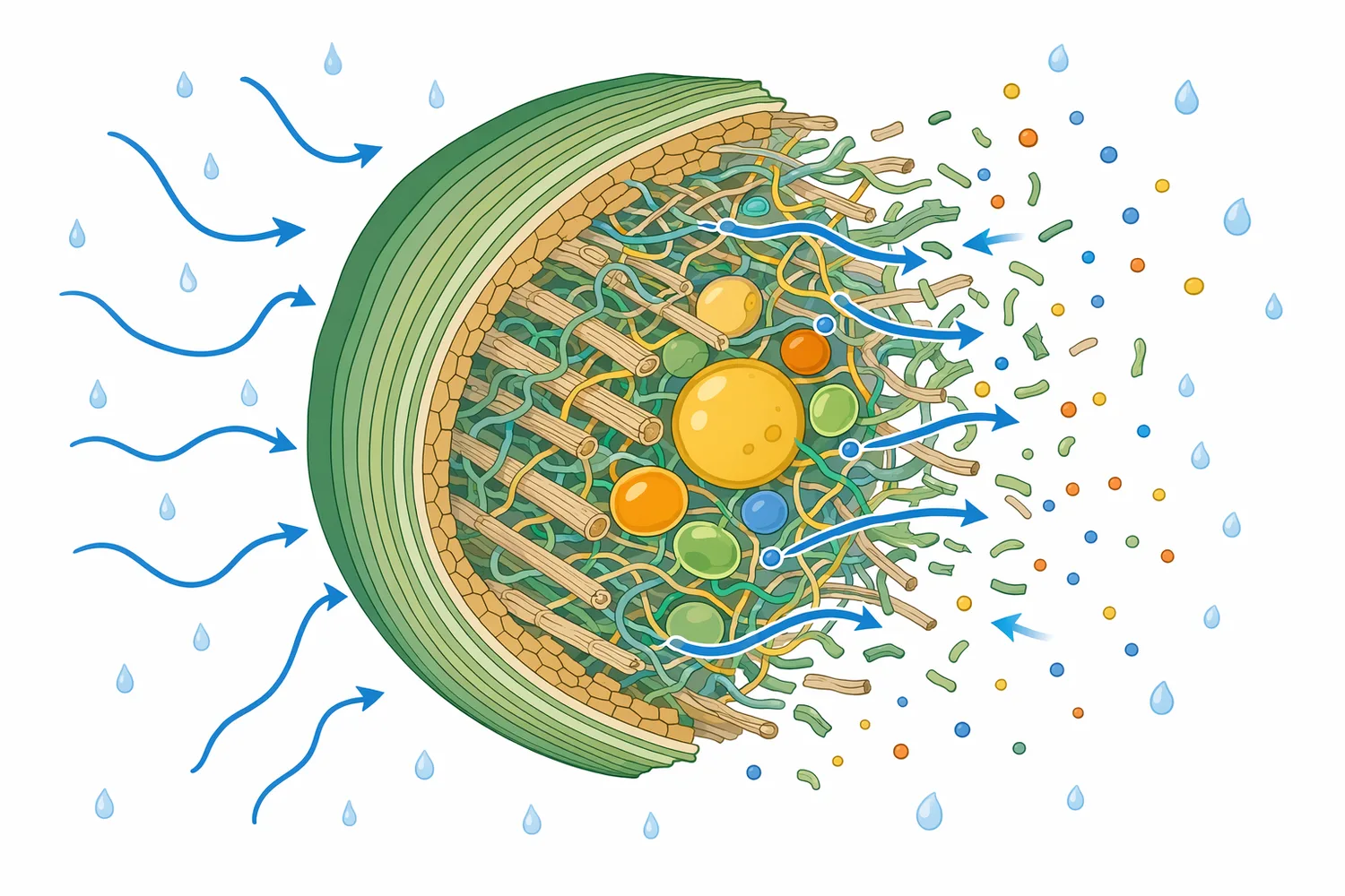 Plant cell walls can slow extraction by limiting wetting, diffusion, and outward transport of dissolved compounds from fibrous particles.