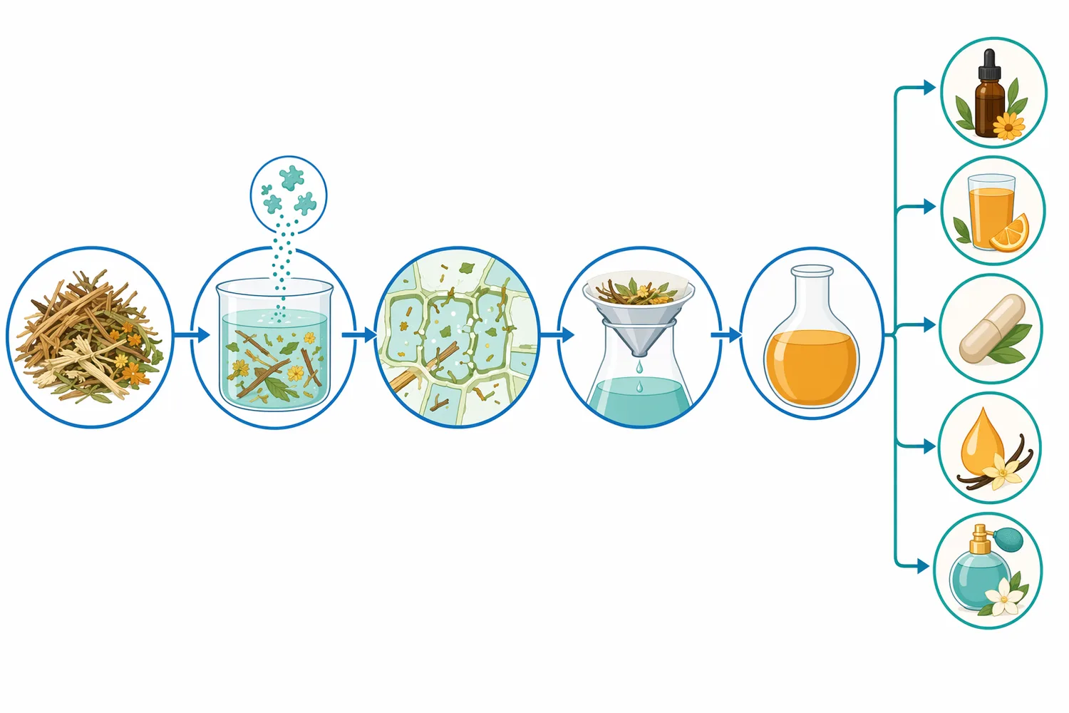 A typical enzyme-assisted botanical extraction workflow hydrates milled biomass, disperses xylanase, holds the slurry under compatible conditions, and then separates extract from solids.