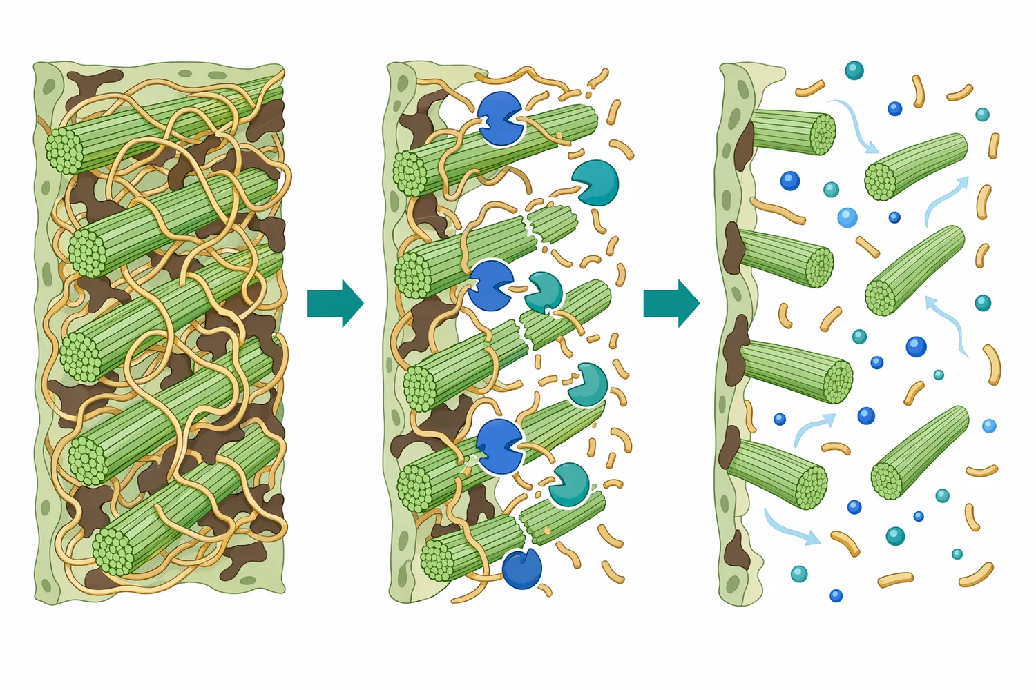 Endo xylanase loosens plant material by shortening xylan chains that restrict access to cellulose, lignin-containing regions, nutrients, or soluble extractives.