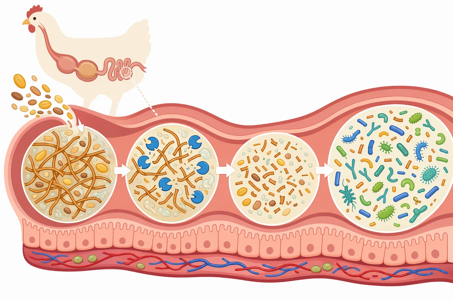 In feed, xylanase reduces arabinoxylan barriers and can generate xylan-derived fragments that influence downstream microbial fermentation.