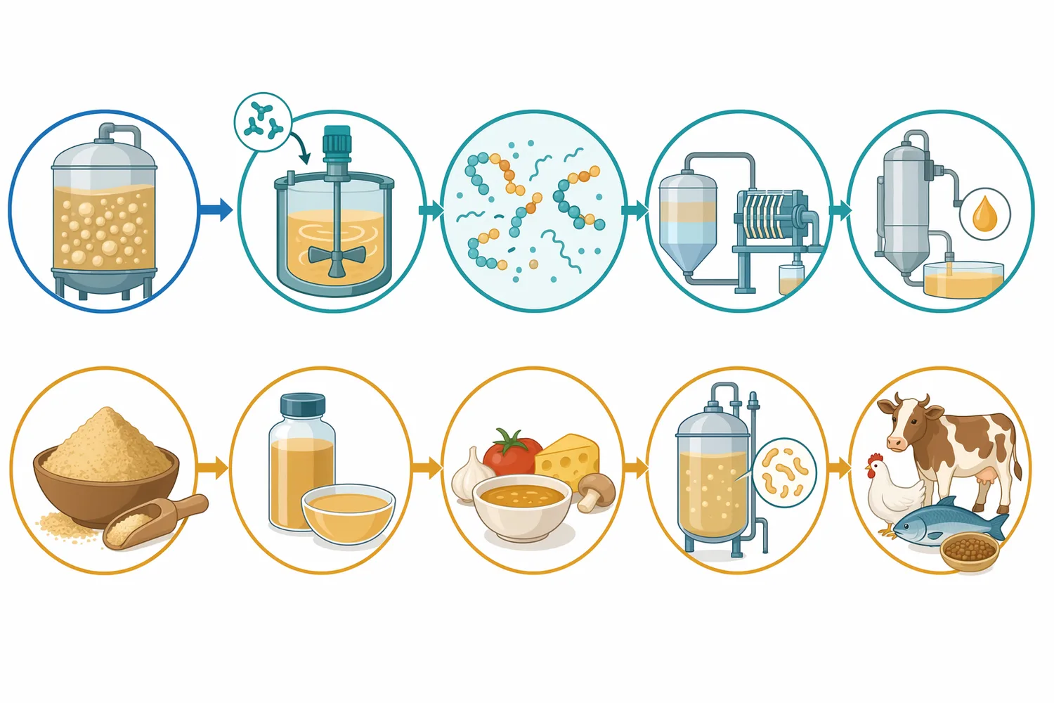 A controlled yeast hydrolysis operation links slurry preparation, enzyme addition, reaction control, separation, and downstream concentration or drying.