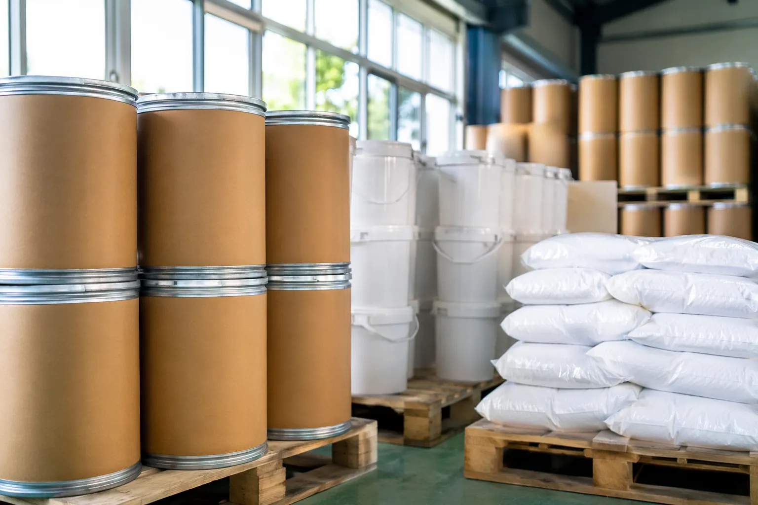 Bulk enzyme packaging on pallets.