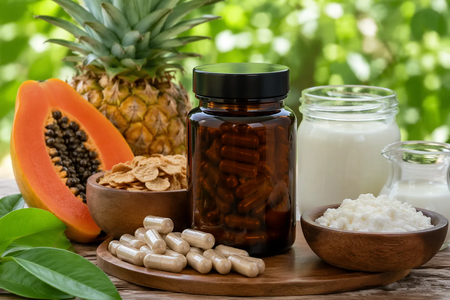 Digestive enzyme blend ingredients and capsules.