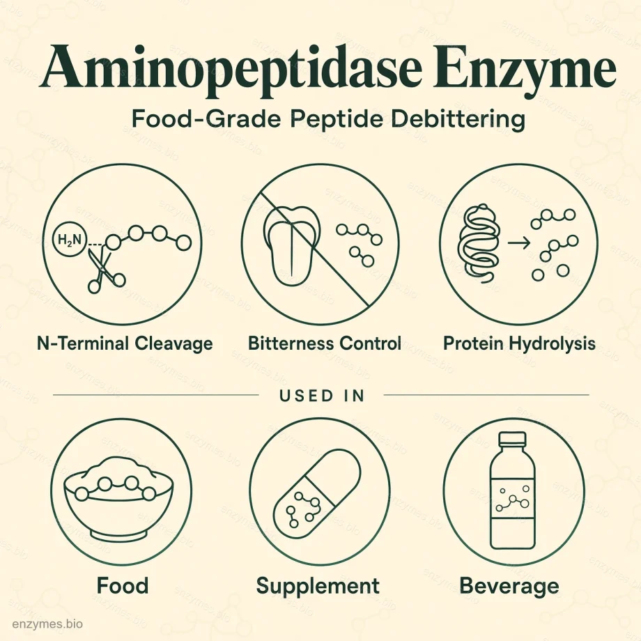 Enzima aminopeptidase 5000u/g CAS 9031-94-1 6 Aminopeptidase: aplicações e benefícios da enzima — infográfico da enzymes.bio