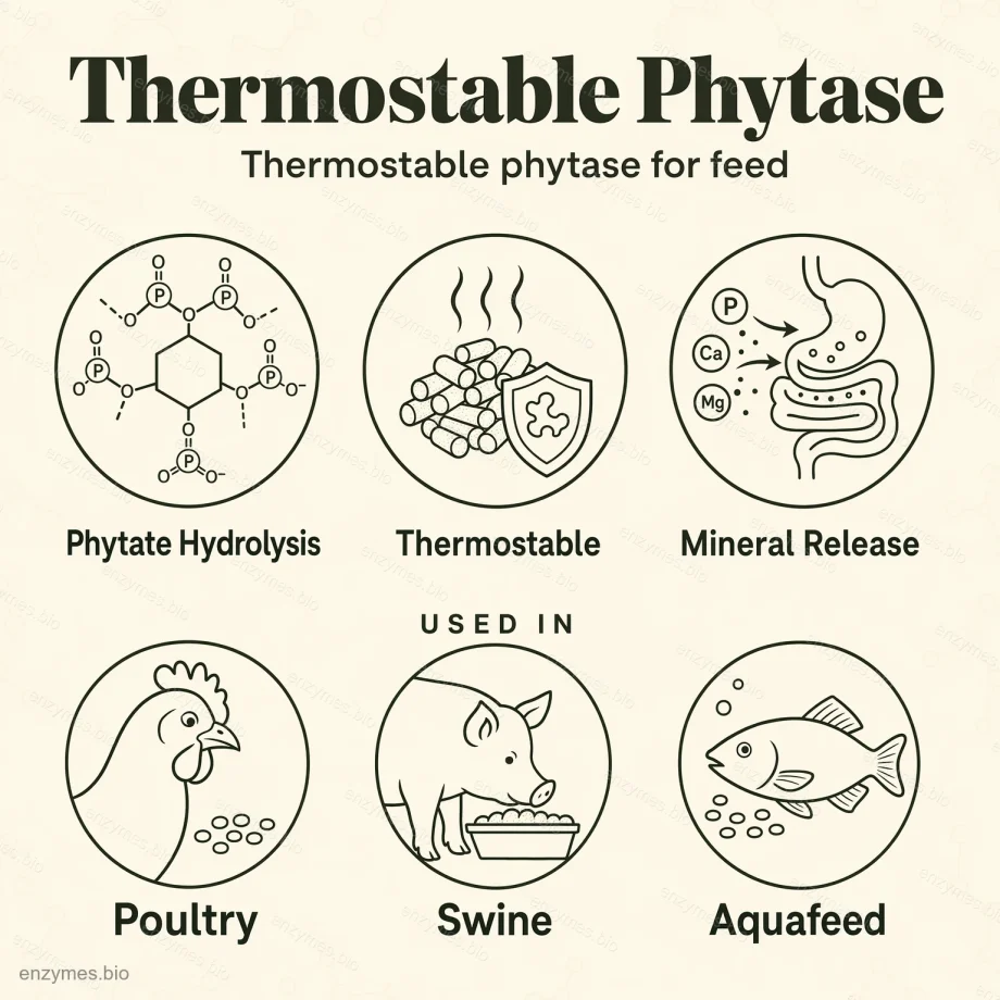 Termostabilní fytáza - enzymy v krmivu pro drůbež 6 Aplikace a výhody termostabilního fytázového enzymu — infografika od enzymes.bio