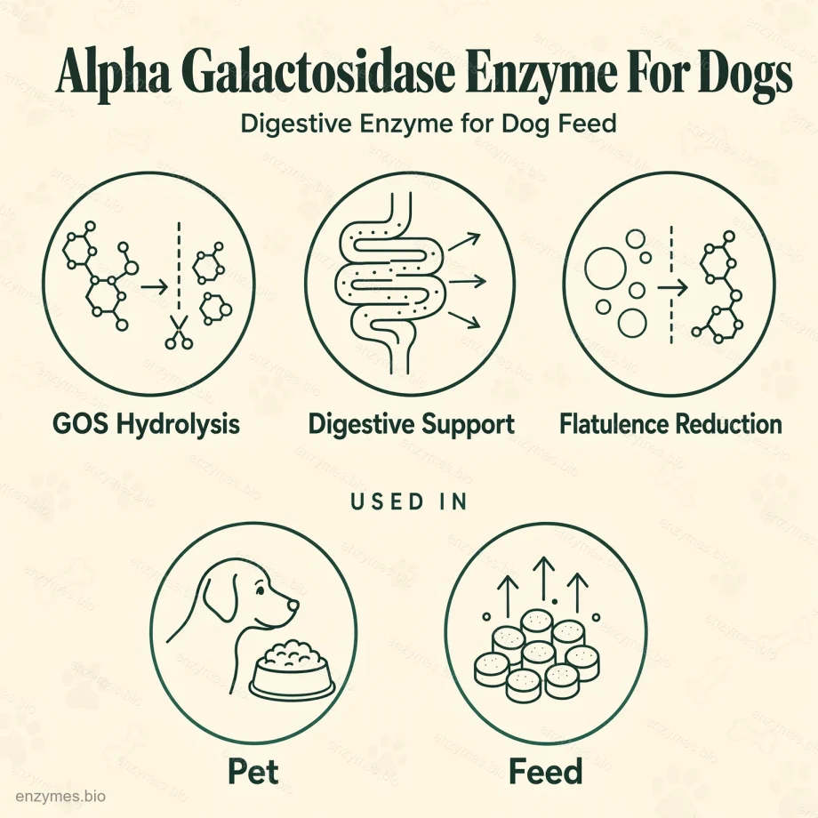 Alfa-galactosidase-enzym voor honden 5 Alfa-galactosidase-enzym voor honden: toepassingen en voordelen van het enzym — infographic door enzymes.bio