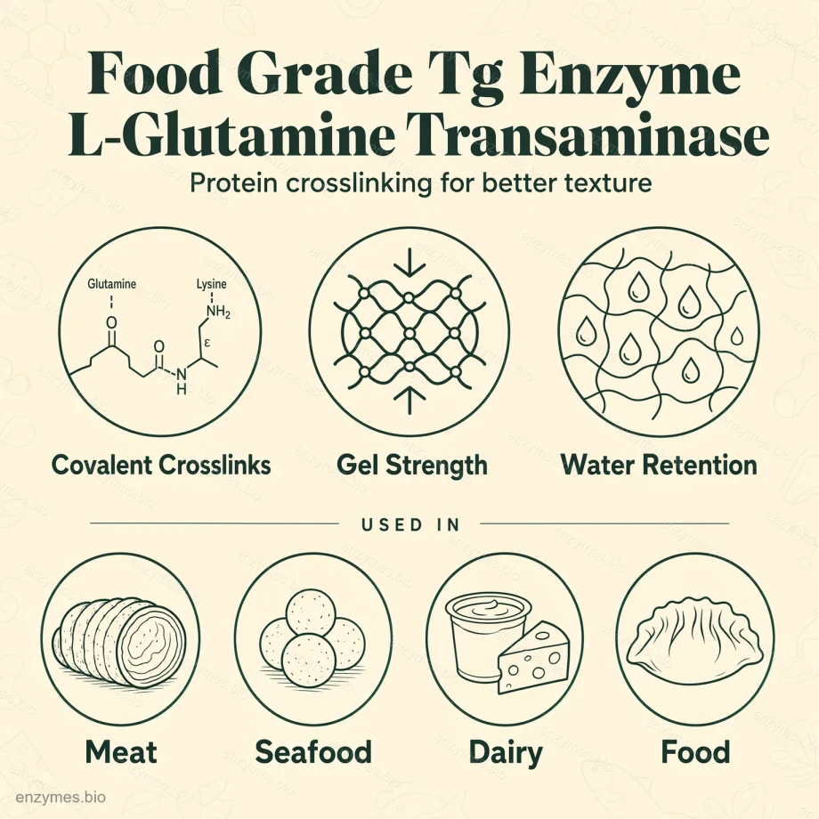 Gıda Sınıfı TG Enzim L-Glutamin Transaminaz 7 Gıda Sınıfı Tg Enzimi L-Glutamin Transaminaz enziminin uygulamaları ve faydaları — enzymes.bio tarafından hazırlanan infografik