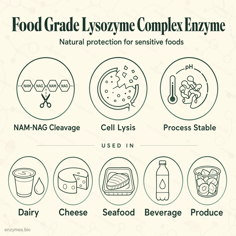 Enzim Kompleks Lisozim Kelas Pangan 7 Enzim Kompleks Lisozim Kelas Pangan: Aplikasi dan Manfaat Enzim — Infografis oleh enzymes.bio