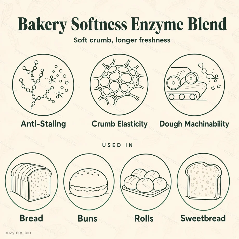 Bakery Softness Enzyme Blend enzyme applications and benefits — infographic by enzymes.bio