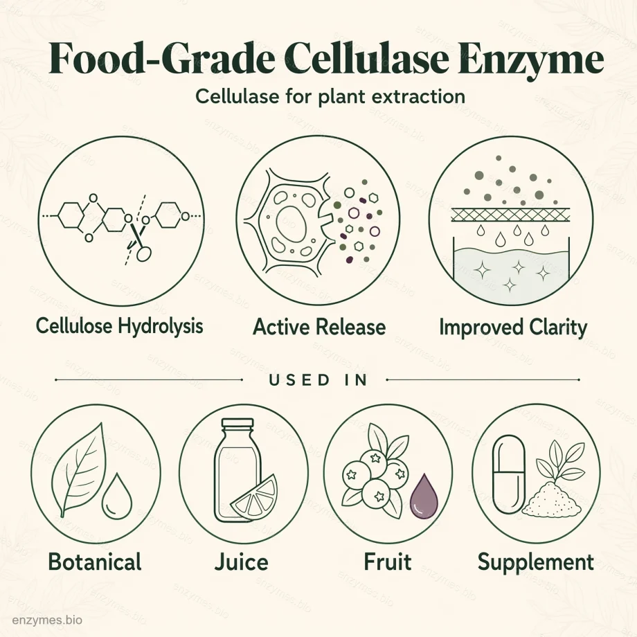 Elintarvikelaatuinen sellulaasientsyymi kasvitieteelliseen uuttoon 7 Elintarvikelaatuisten sellulaasientsyymien sovellukset ja hyödyt — infografiikka enzymes.bio:ltä