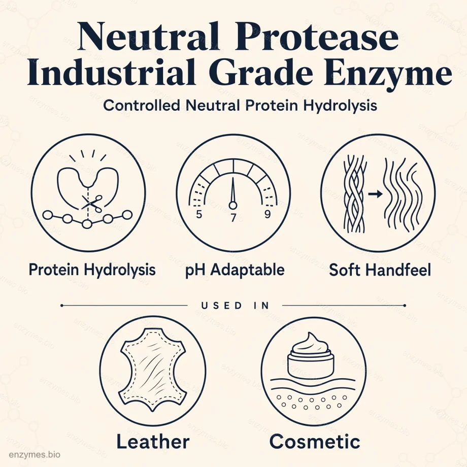 Preparación enzimática de proteasa neutra de grado industrial 4 Proteasa neutra de grado industrial: aplicaciones y beneficios de la enzima — infografía de enzymes.bio
